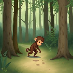 In a forest setting, a cute brown baby monkey with its head hanging low is walking along the path home