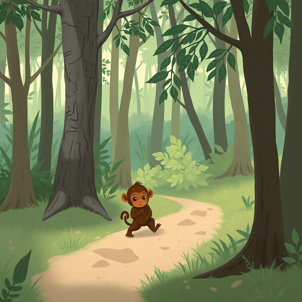 In a forest setting, a cute brown baby monkey with its head hanging low is walking along the path home
