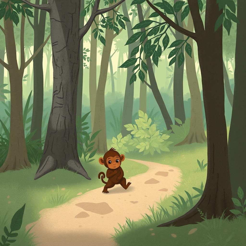 In a forest setting, a cute brown baby monkey with its head hanging low is walking along the path home