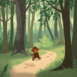 In a forest setting, a cute brown baby monkey with its head hanging low is walking along the path home