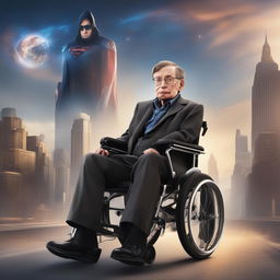 This high-quality digital art piece depicts Stephen Hawking as a superhero