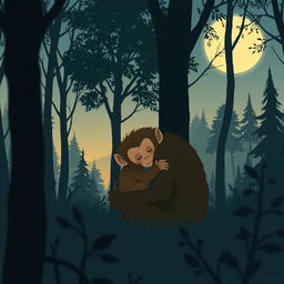 In a tranquil forest during the evening, a cute brown baby monkey is snuggled in the embrace of its mother monkey