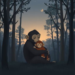 In a tranquil forest during the evening, a cute brown baby monkey is snuggled in the embrace of its mother monkey