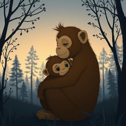 In a tranquil forest during the evening, a cute brown baby monkey is snuggled in the embrace of its mother monkey