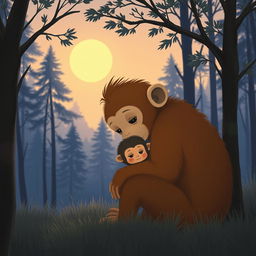 In a tranquil forest during the evening, a cute brown baby monkey is snuggled in the embrace of its mother monkey