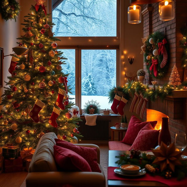 A cozy Christmas scene featuring a beautifully decorated living room