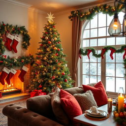 A cozy Christmas scene featuring a beautifully decorated living room