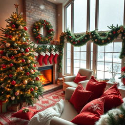 A cozy Christmas scene featuring a beautifully decorated living room