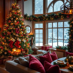 A cozy Christmas scene featuring a beautifully decorated living room