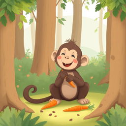 In a forest clearing, a cute brown baby monkey is happily sitting on the ground, munching on carrots and vegetables