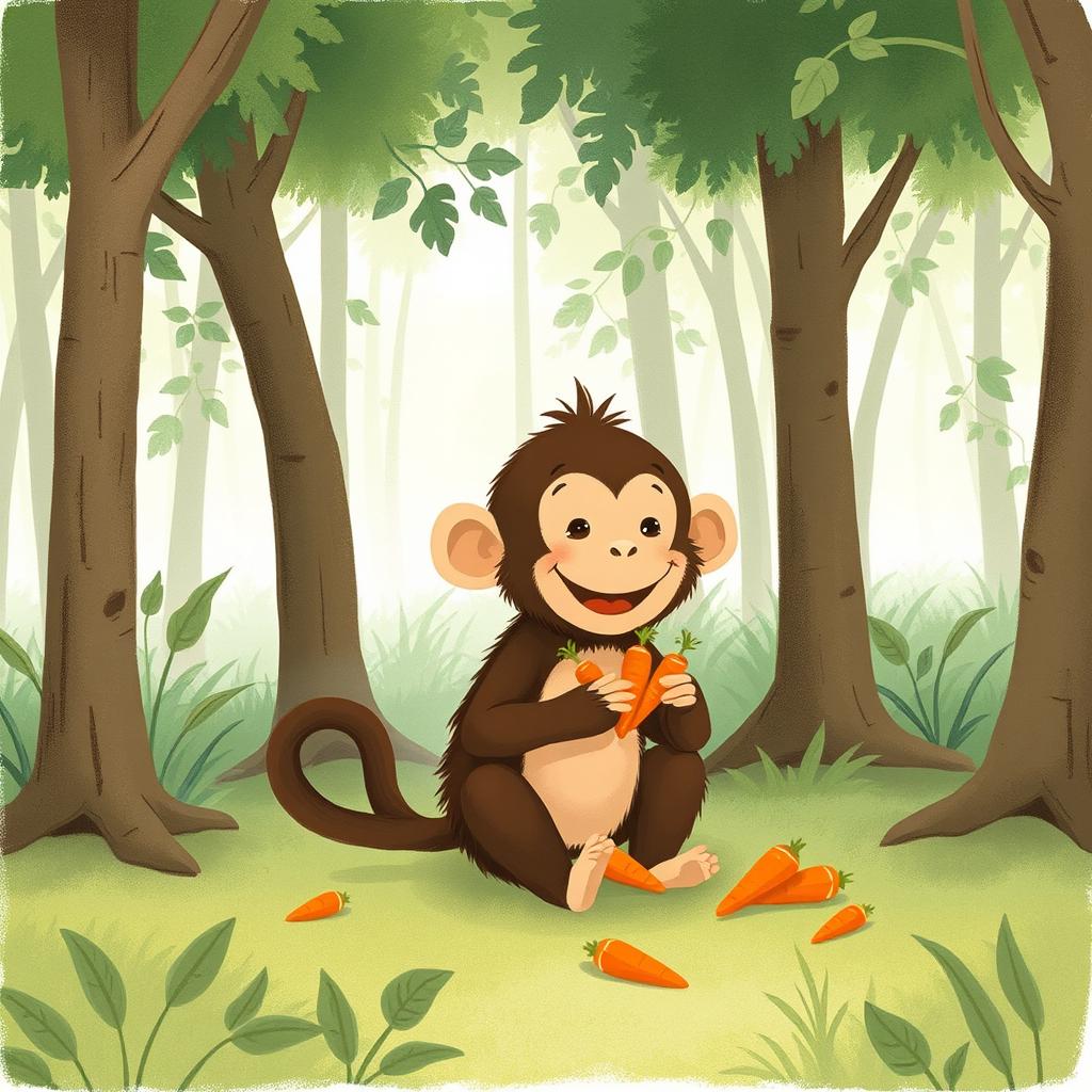 In a forest clearing, a cute brown baby monkey is happily sitting on the ground, munching on carrots and vegetables