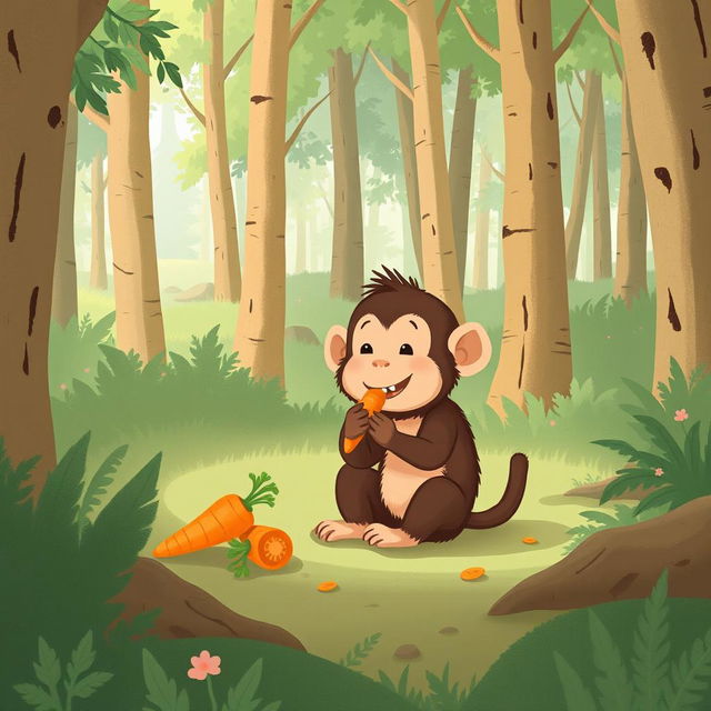 In a forest clearing, a cute brown baby monkey is happily sitting on the ground, munching on carrots and vegetables