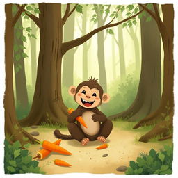 In a forest clearing, a cute brown baby monkey is happily sitting on the ground, munching on carrots and vegetables