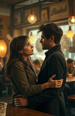 A romantic scene depicting two lovers who appear to be uncertain about their feelings for each other, yet are drawn together
