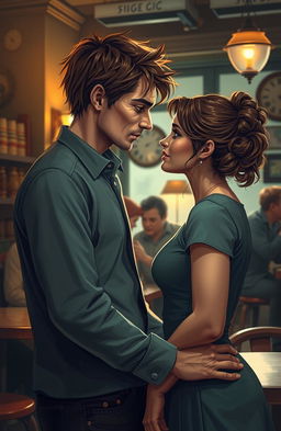 A romantic scene depicting two lovers who appear to be uncertain about their feelings for each other, yet are drawn together