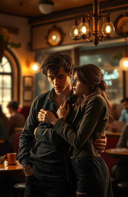 A romantic scene depicting two lovers who appear to be uncertain about their feelings for each other, yet are drawn together