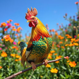 A vibrant and colorful chicken with a strikingly patterned plumage, perched playfully on a branch