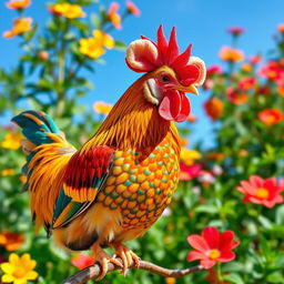 A vibrant and colorful chicken with a strikingly patterned plumage, perched playfully on a branch