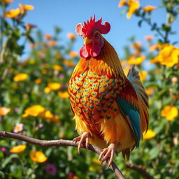 A vibrant and colorful chicken with a strikingly patterned plumage, perched playfully on a branch