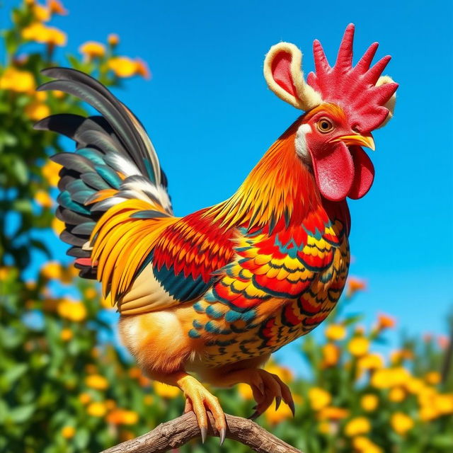 A vibrant and colorful chicken with a strikingly patterned plumage, perched playfully on a branch