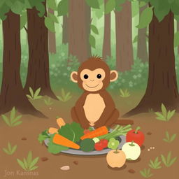 In a serene forest, a cute brown baby monkey is sitting on the ground with a delightful spread of vegetables, including leafy greens, carrots, and apples placed before it