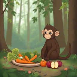 In a serene forest, a cute brown baby monkey is sitting on the ground with a delightful spread of vegetables, including leafy greens, carrots, and apples placed before it