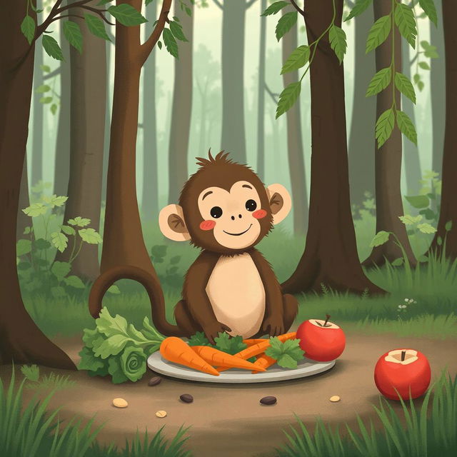 In a serene forest, a cute brown baby monkey is sitting on the ground with a delightful spread of vegetables, including leafy greens, carrots, and apples placed before it