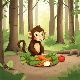 In a serene forest, a cute brown baby monkey is sitting on the ground with a delightful spread of vegetables, including leafy greens, carrots, and apples placed before it