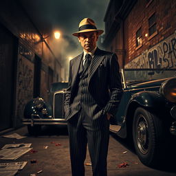 A gritty, atmospheric scene set in a dimly lit urban alley, showcasing a classic gangster in a stylish 1920s pinstripe suit