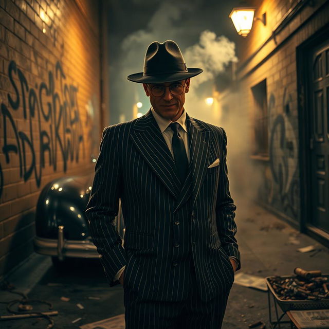 A gritty, atmospheric scene set in a dimly lit urban alley, showcasing a classic gangster in a stylish 1920s pinstripe suit