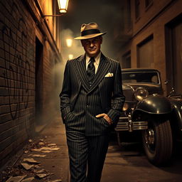 A gritty, atmospheric scene set in a dimly lit urban alley, showcasing a classic gangster in a stylish 1920s pinstripe suit