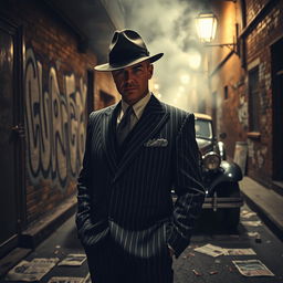 A gritty, atmospheric scene set in a dimly lit urban alley, showcasing a classic gangster in a stylish 1920s pinstripe suit