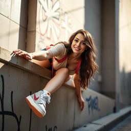 A young woman with a playful expression sliding down a wall, wearing colorful and stylish clothing