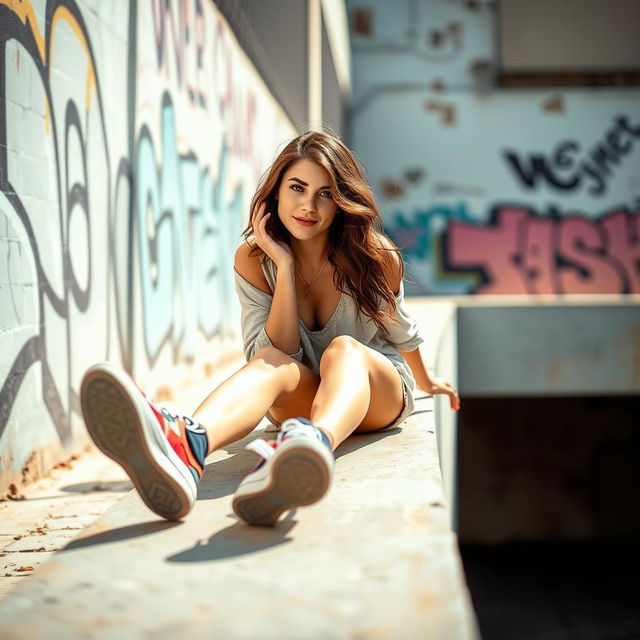 A young woman with a playful expression sliding down a wall, wearing colorful and stylish clothing