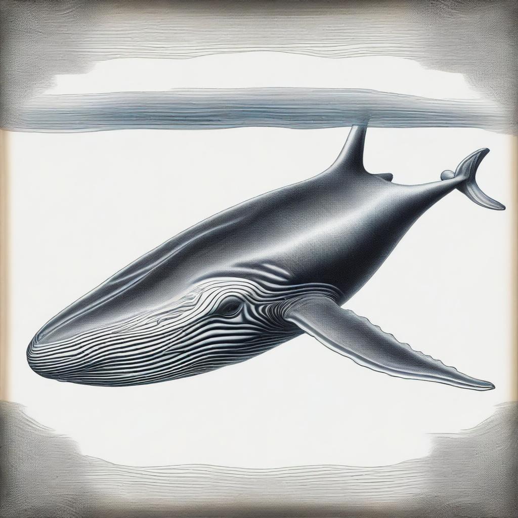 An intricate, black and white pencil drawing featuring a majestic blue whale