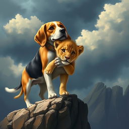 A realistic illustration of a heroic beagle dog gently saving a lion cub, holding it by the scruff of its neck, standing on the edge of a dramatic rocky cliff