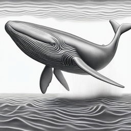 An intricate, black and white pencil drawing featuring a majestic blue whale