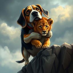 A realistic illustration of a heroic beagle dog gently saving a lion cub, holding it by the scruff of its neck, standing on the edge of a dramatic rocky cliff