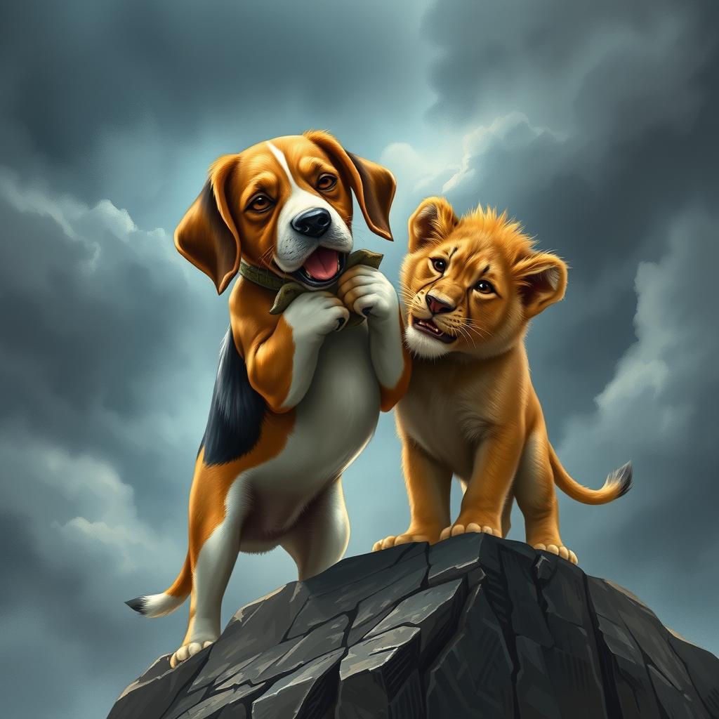 A realistic illustration of a heroic beagle dog gently saving a lion cub, holding it by the scruff of its neck, standing on the edge of a dramatic rocky cliff