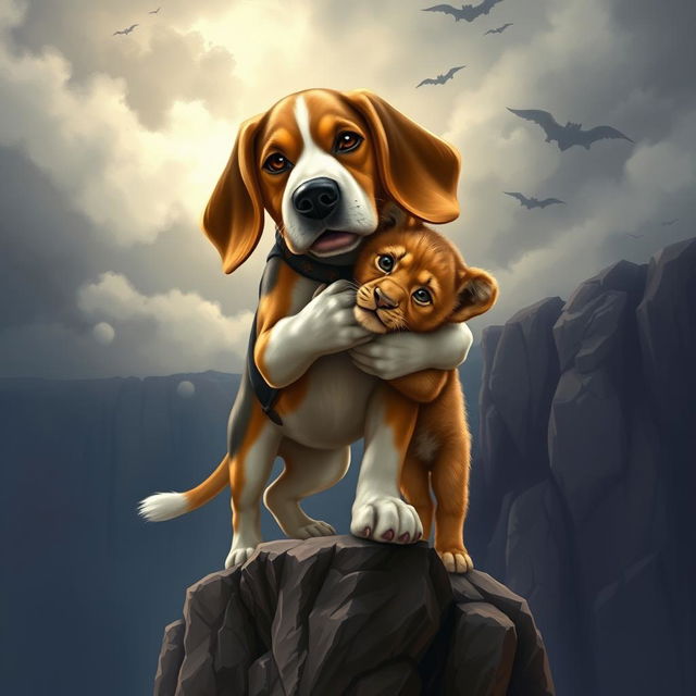 A realistic illustration of a heroic beagle dog gently saving a lion cub, holding it by the scruff of its neck, standing on the edge of a dramatic rocky cliff