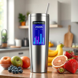 A highly detailed illustration of a smart tumbler designed to detect sugar levels in beverages