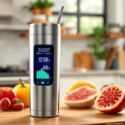 A highly detailed illustration of a smart tumbler designed to detect sugar levels in beverages