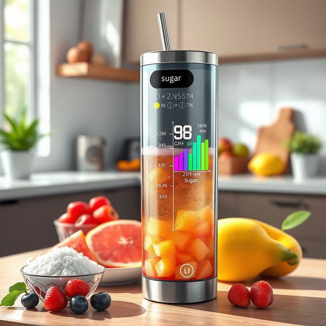 A highly detailed illustration of a smart tumbler designed to detect sugar levels in beverages