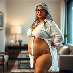 A plus-size dusky Indian mature woman, 50 years old, with long grey hair and glasses, embodying sensuality and voluptuousness
