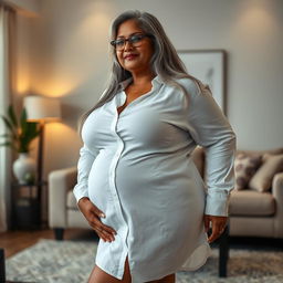 A plus-size dusky Indian mature woman, 50 years old, with long grey hair and glasses, embodying sensuality and voluptuousness