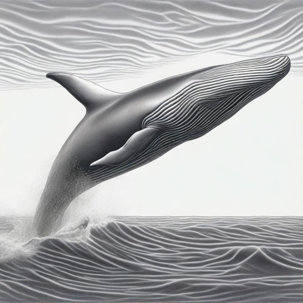 An intricate, black and white pencil drawing featuring a majestic blue whale