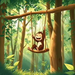 In a vibrant forest, a cute brown baby monkey is joyfully swinging on a swing made from a sturdy branch high in the trees