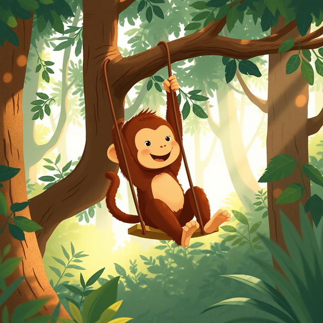 In a vibrant forest, a cute brown baby monkey is joyfully swinging on a swing made from a sturdy branch high in the trees