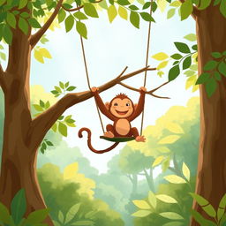 In a vibrant forest, a cute brown baby monkey is joyfully swinging on a swing made from a sturdy branch high in the trees