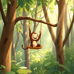 In a vibrant forest, a cute brown baby monkey is joyfully swinging on a swing made from a sturdy branch high in the trees